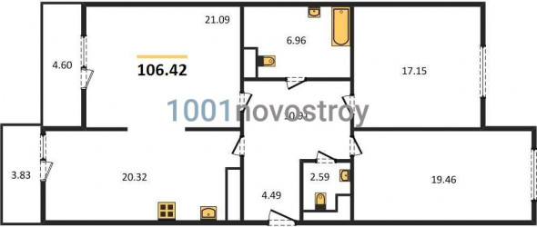 Трёхкомнатная квартира 106.42 м²