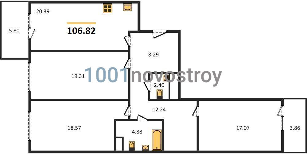 Трёхкомнатная квартира 106.82 м²