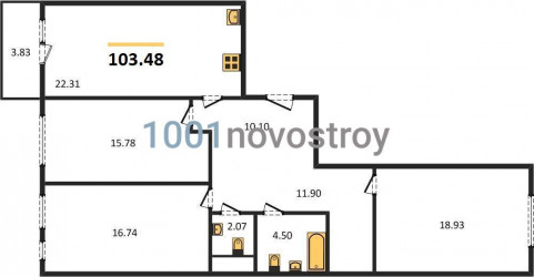 Трёхкомнатная квартира 103.48 м²